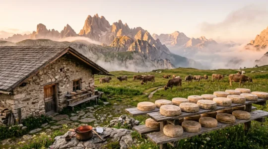 Vista panoramica di un alpeggio con mucche al pascolo e forme di formaggio stagionate in primo piano