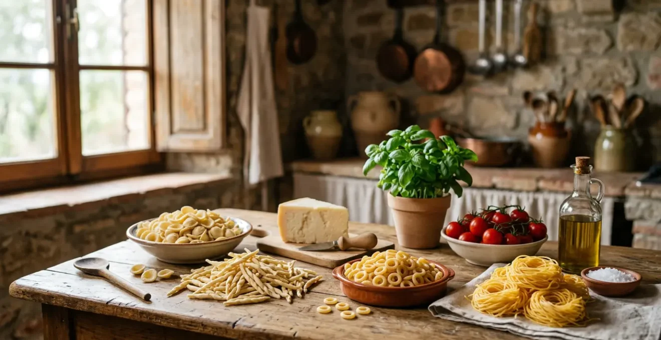 Diversi formati di pasta regionali italiani disposti su un tavolo in legno rustico con ingredienti locali