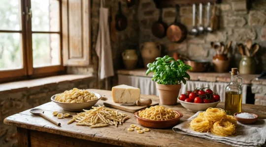 Diversi formati di pasta regionali italiani disposti su un tavolo in legno rustico con ingredienti locali
