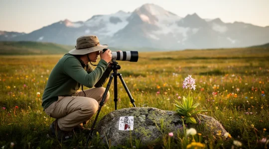 Fotografo naturalista accovacciato con teleobiettivo immortala orchidea selvatica mantenendo rispettosa distanza in prato montano soleggiato