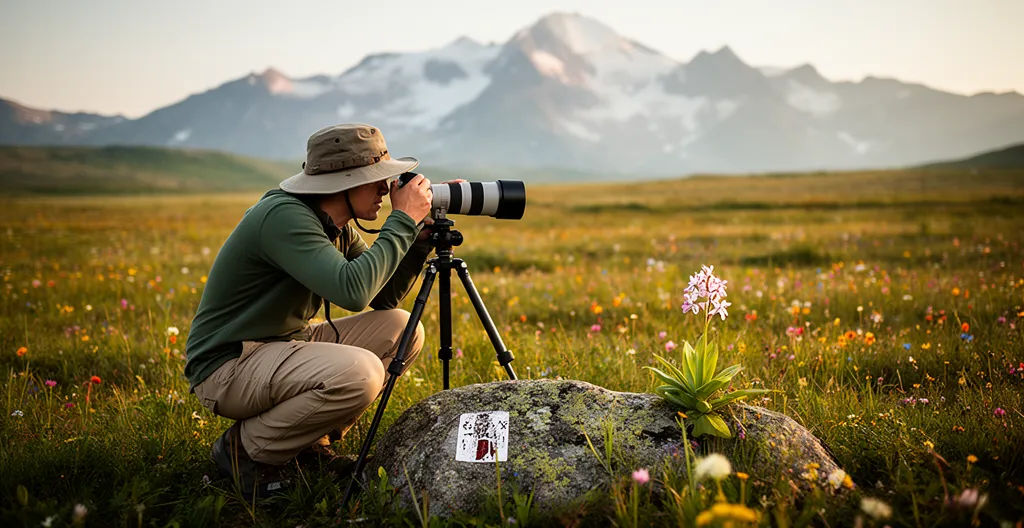 Fotografo naturalista accovacciato con teleobiettivo immortala orchidea selvatica mantenendo rispettosa distanza in prato montano soleggiato
