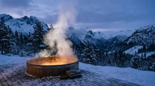 Vista panoramica di una vasca idromassaggio all'aperto fumante in inverno circondata da montagne innevate