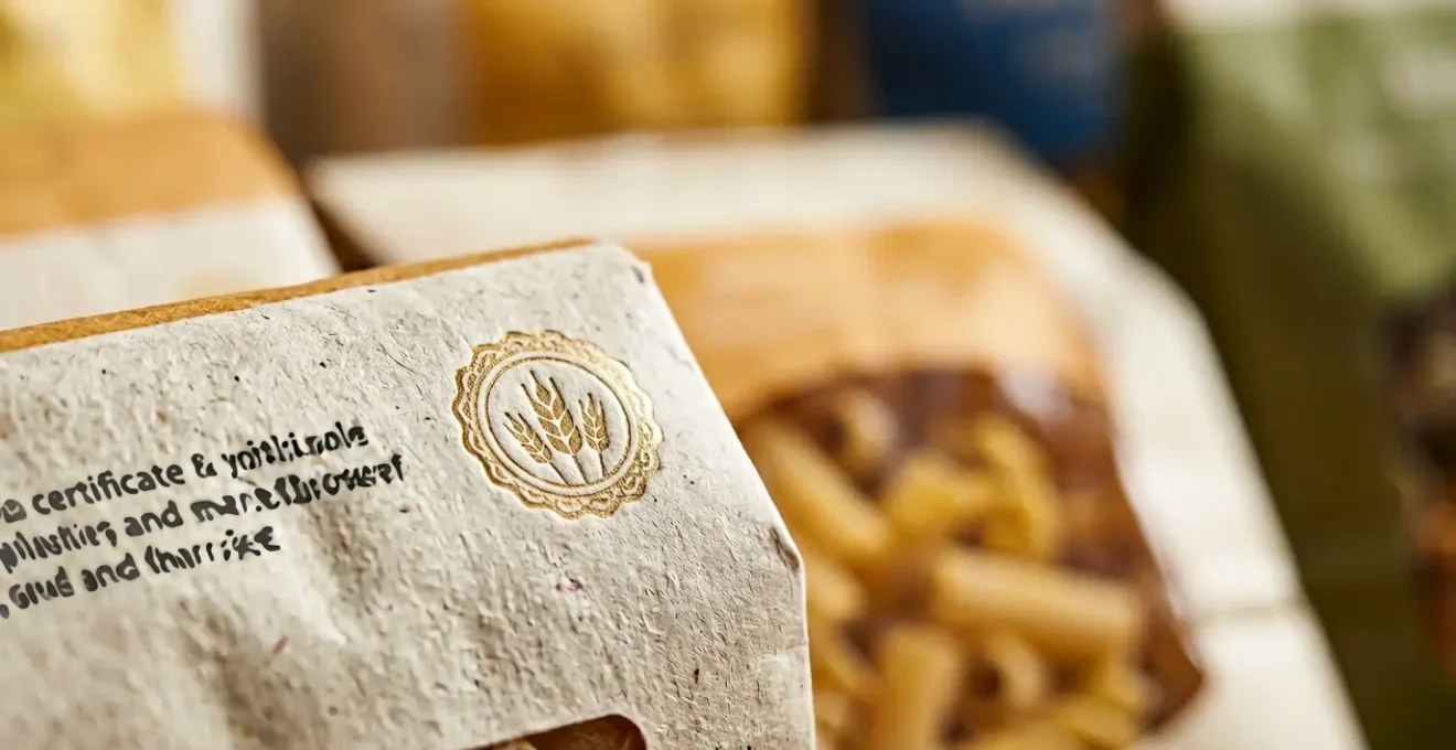 Dettaglio di etichette di pasta italiana con indicazioni di origine del grano e simboli di tracciabilità