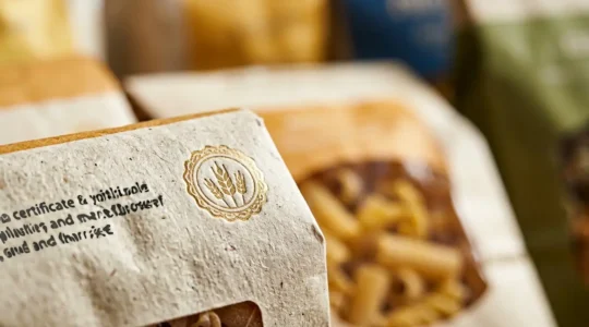 Dettaglio di etichette di pasta italiana con indicazioni di origine del grano e simboli di tracciabilità