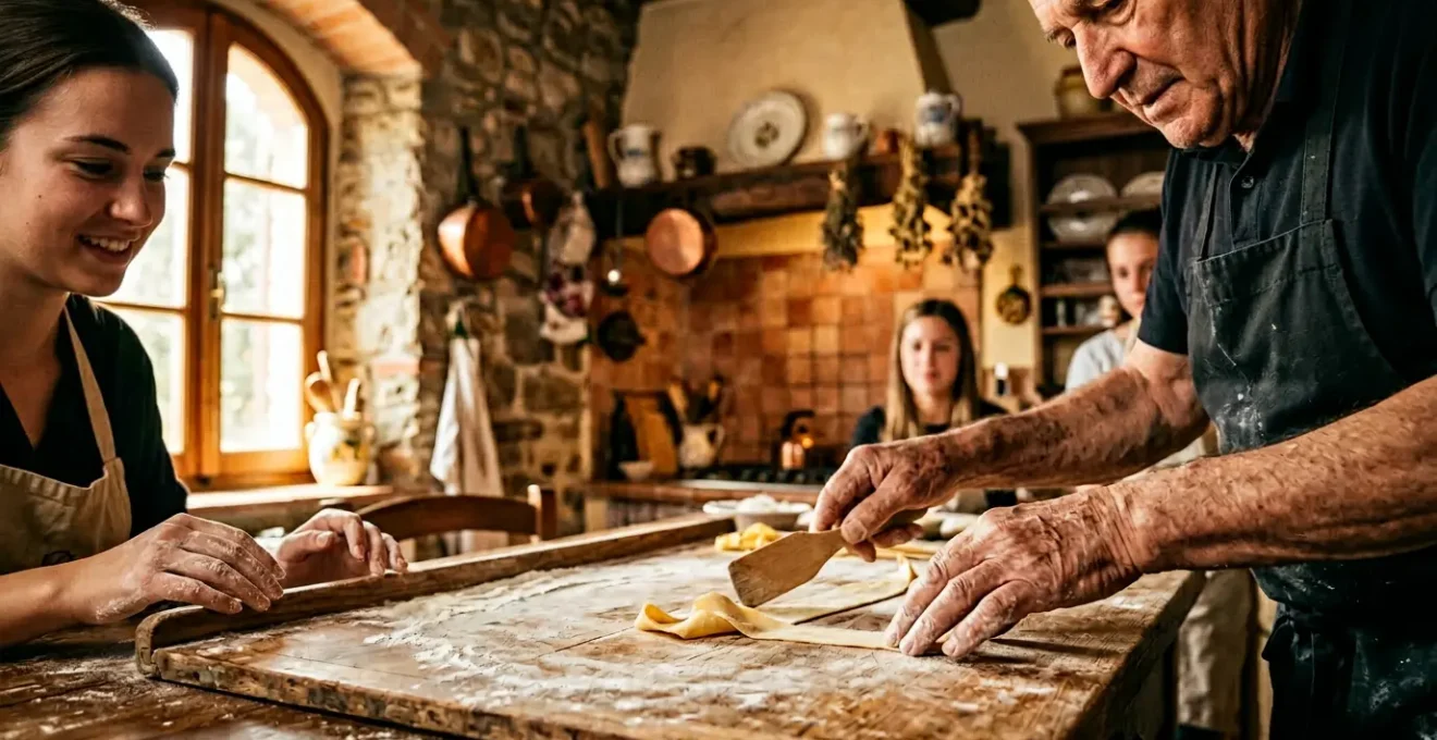 Chef italiano che insegna tecniche manuali tradizionali in una cucina rustica