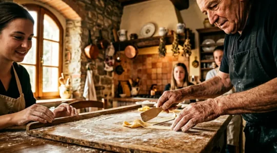 Chef italiano che insegna tecniche manuali tradizionali in una cucina rustica