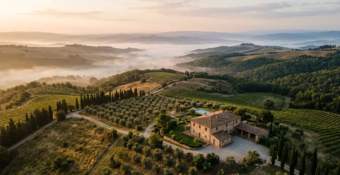 Vista aerea di una tenuta rurale italiana immersa nelle colline toscane al tramonto, con ampi spazi aperti e natura incontaminata