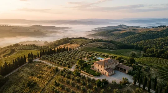 Vista aerea di una tenuta rurale italiana immersa nelle colline toscane al tramonto, con ampi spazi aperti e natura incontaminata