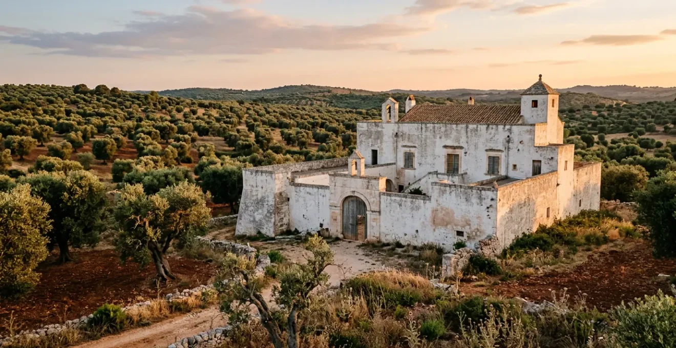 Masseria tradizionale pugliese immersa negli ulivi con mura in pietra al tramonto