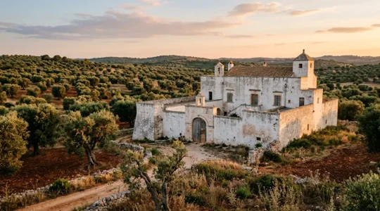 Masseria tradizionale pugliese immersa negli ulivi con mura in pietra al tramonto