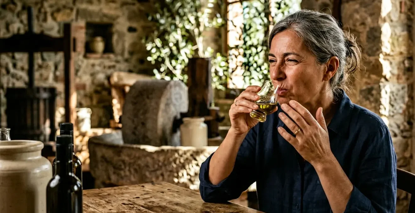 Degustazione professionale dell'olio extravergine appena franto con bicchiere di vetro