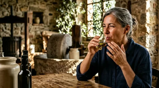 Degustazione professionale dell'olio extravergine appena franto con bicchiere di vetro