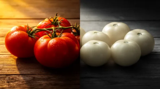 Confronto tra pomodori maturi dall'orto e pomodori di serra, mostrando la differenza di colore e texture