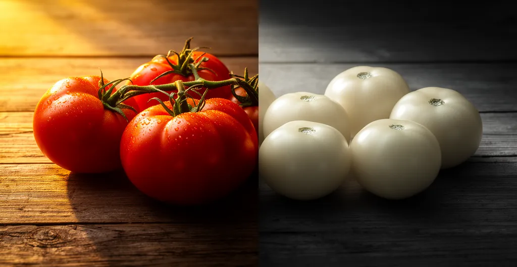 Confronto tra pomodori maturi dall'orto e pomodori di serra, mostrando la differenza di colore e texture