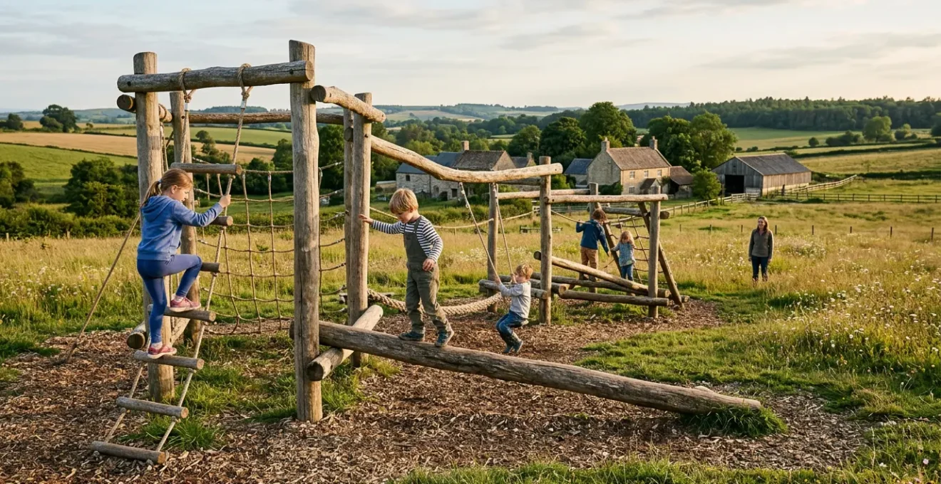 Bambini che giocano su struttura in tronchi e corde in ambiente naturale