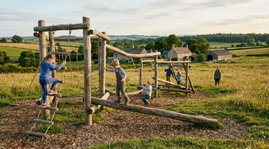 Bambini che giocano su struttura in tronchi e corde in ambiente naturale