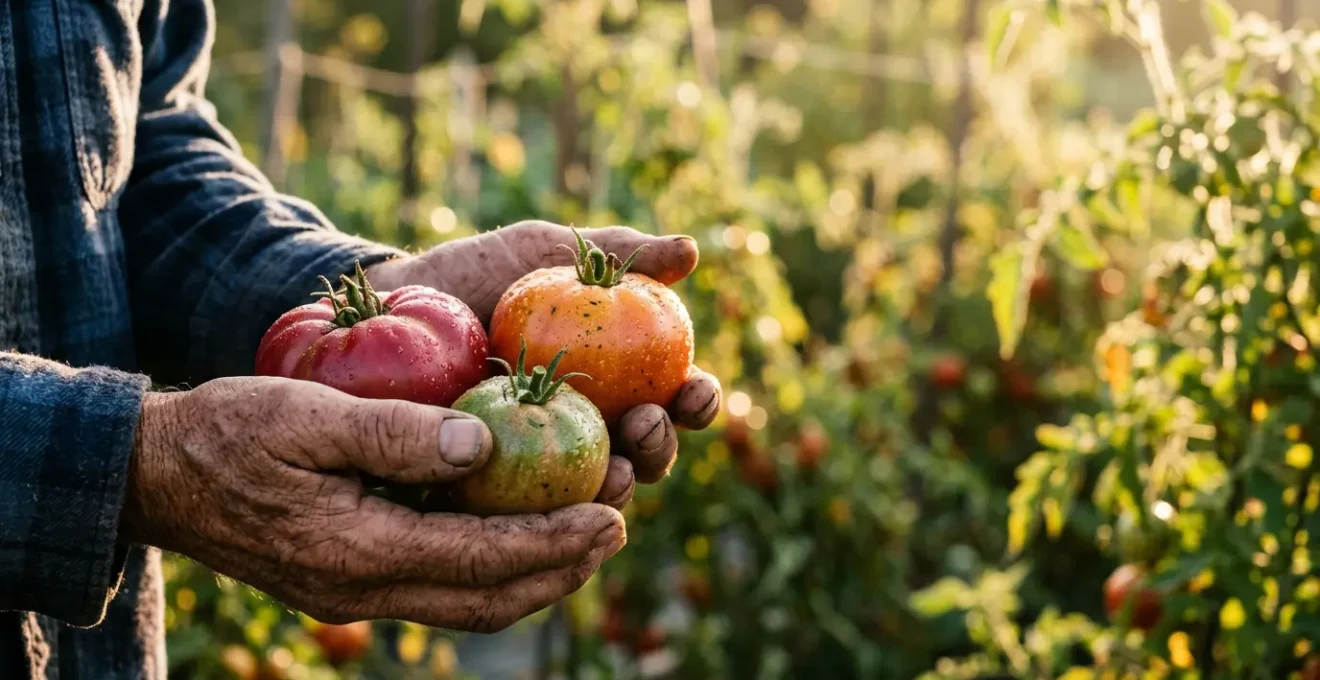 Mani di contadino che tengono delicatamente pomodori appena raccolti nell'orto al mattino presto