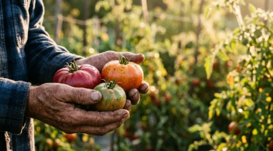 Mani di contadino che tengono delicatamente pomodori appena raccolti nell'orto al mattino presto