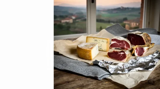 Formaggi e salumi tipici italiani confezionati per il viaggio con materiali isolanti