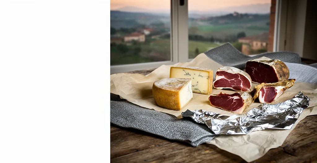 Formaggi e salumi tipici italiani confezionati per il viaggio con materiali isolanti