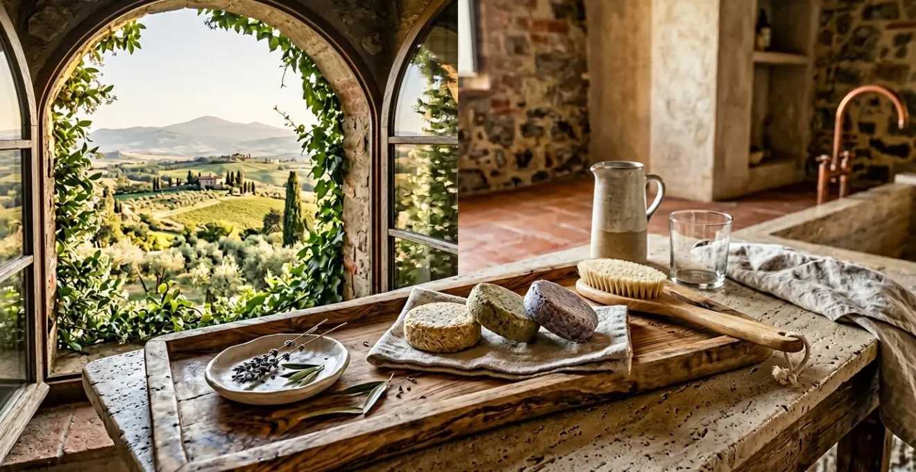 Lussuoso shampoo solido artigianale su vassoio di legno in ambiente agrituristico elegante