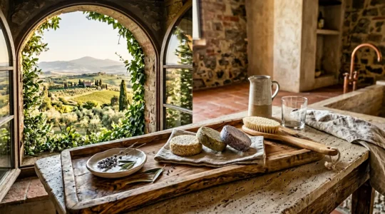 Lussuoso shampoo solido artigianale su vassoio di legno in ambiente agrituristico elegante