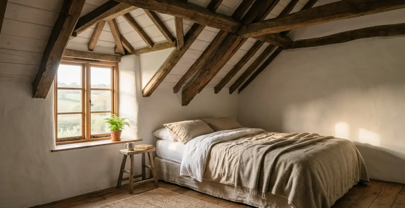 Camera da letto in agriturismo con soffitto caratterizzato da travi in legno scuro a vista che creano un'atmosfera calda e accogliente