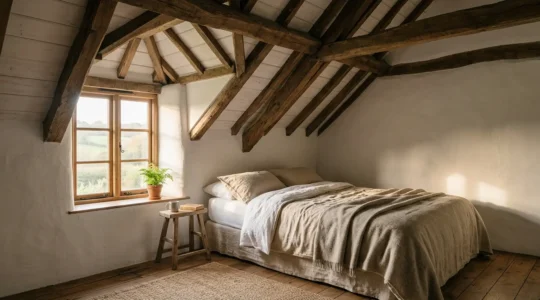 Camera da letto in agriturismo con soffitto caratterizzato da travi in legno scuro a vista che creano un'atmosfera calda e accogliente