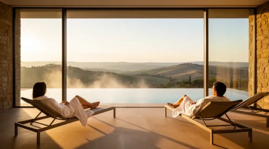 Coppia rilassata in spa privata con vista panoramica al tramonto