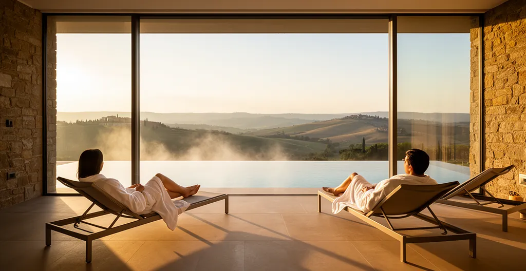 Coppia rilassata in spa privata con vista panoramica al tramonto