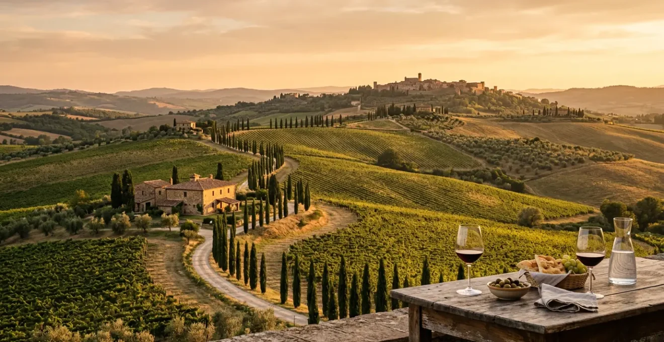Panorama delle colline toscane con vigneti e agriturismo tradizionale