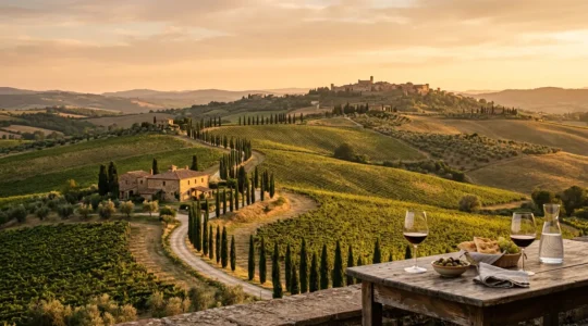 Panorama delle colline toscane con vigneti e agriturismo tradizionale