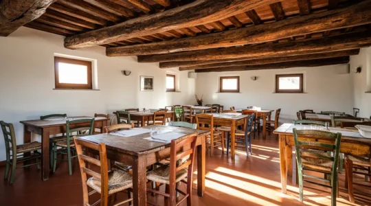 Interno accogliente di una trattoria italiana autentica con atmosfera rustica