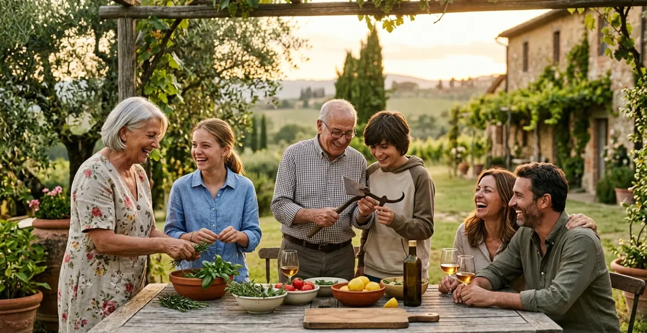 Famiglia multigenerazionale riunita nel giardino di un agriturismo durante il tramonto dorato