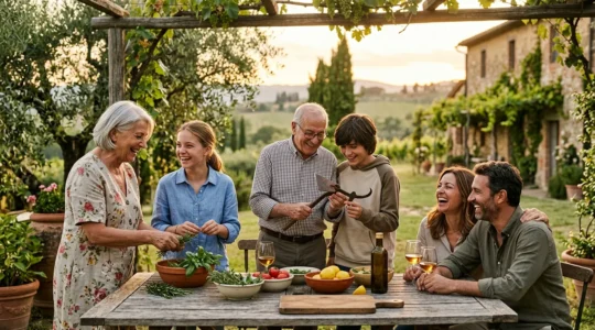 Famiglia multigenerazionale riunita nel giardino di un agriturismo durante il tramonto dorato