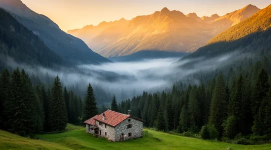 Valle montana con microclima fresco e casa in pietra al tramonto estivo