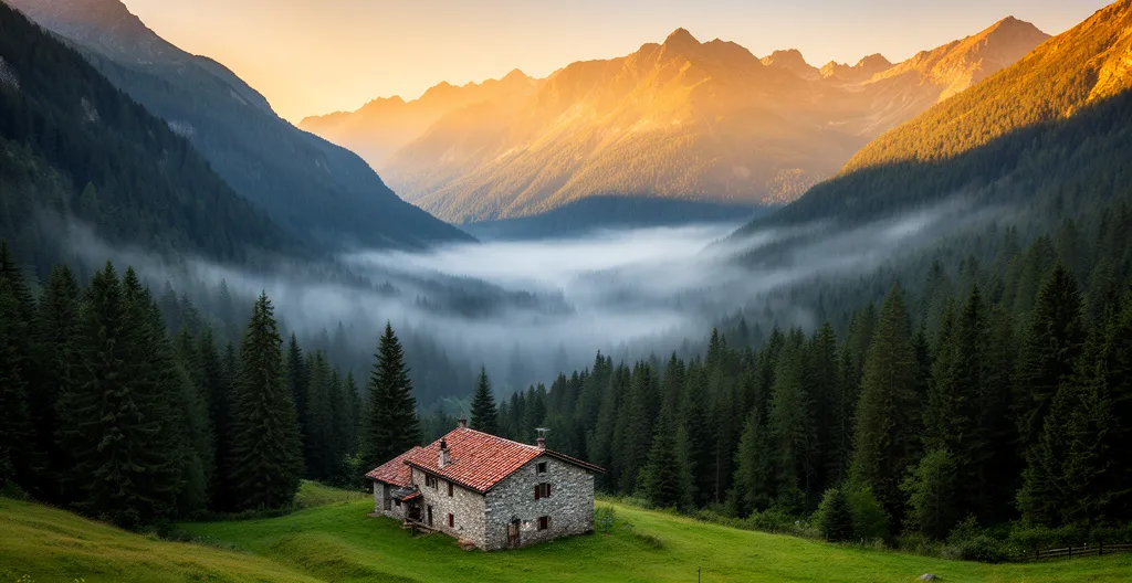 Valle montana con microclima fresco e casa in pietra al tramonto estivo