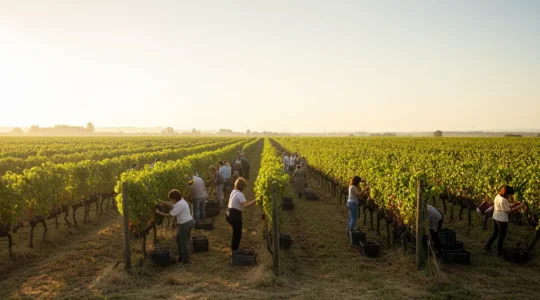 Turisti che raccolgono uva in un vigneto durante esperienza di vendemmia