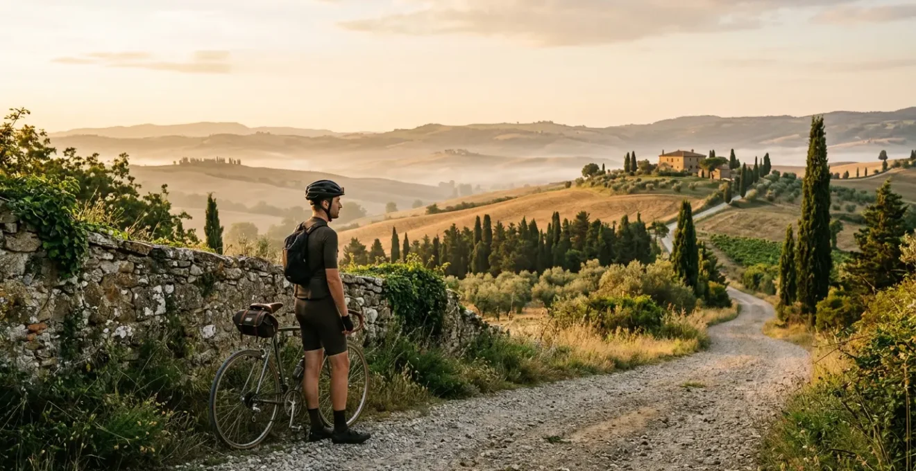 Paesaggio rurale italiano con viaggiatori che osservano la campagna al tramonto