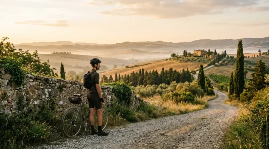 Paesaggio rurale italiano con viaggiatori che osservano la campagna al tramonto