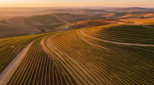 Vista panoramica di vigneti terrazzati su dolci colline al tramonto