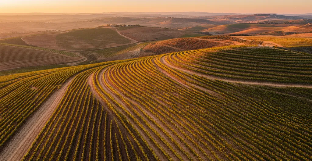 Vista panoramica di vigneti terrazzati su dolci colline al tramonto