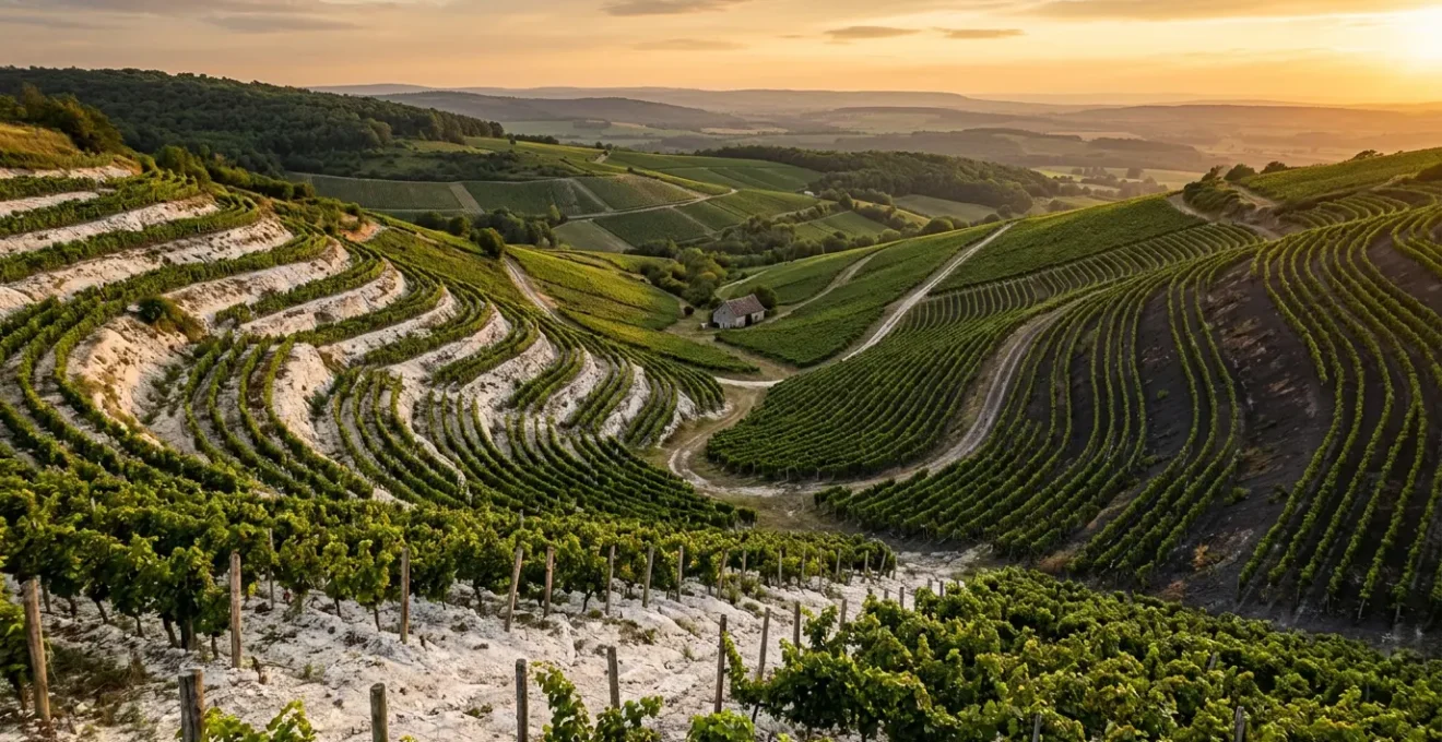 Filari di vite su terrazzamenti collinari con diversi tipi di suolo visibili