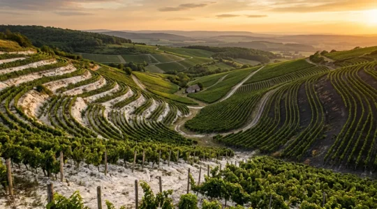 Filari di vite su terrazzamenti collinari con diversi tipi di suolo visibili