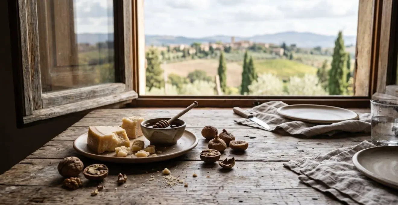 Composizione di formaggi stagionati con miele e noci per abbinamento vino