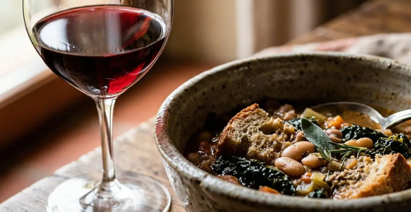 Calice di vino rosso Supertuscan accanto a un piatto rustico di ribollita toscana