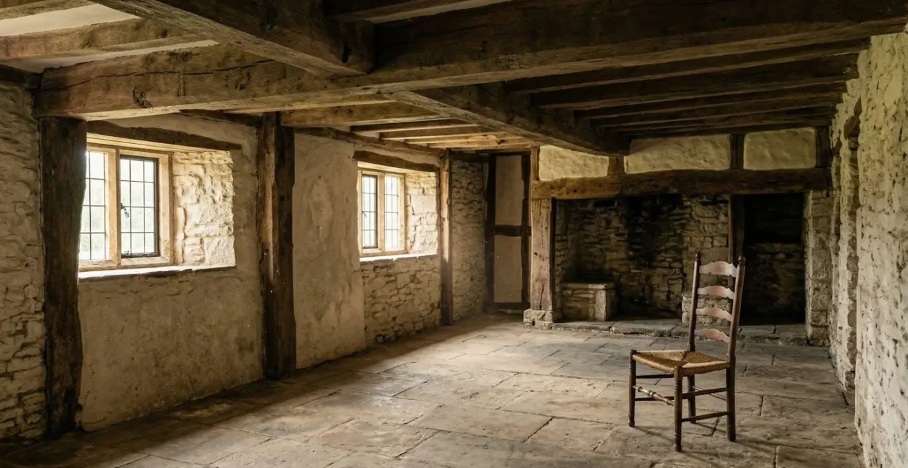 Interno di casale settecentesco con travi in legno che creano un'acustica naturale e vissuta