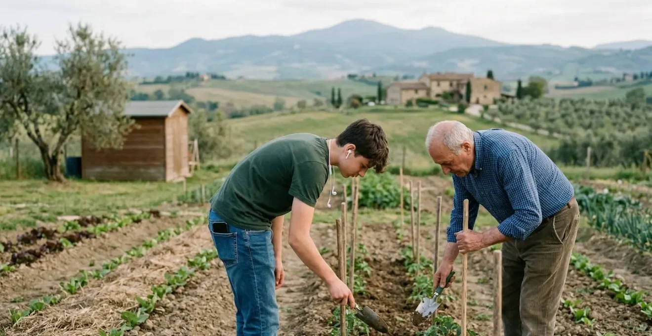 Adolescente e nonno lavorano insieme nell'orto dell'agriturismo