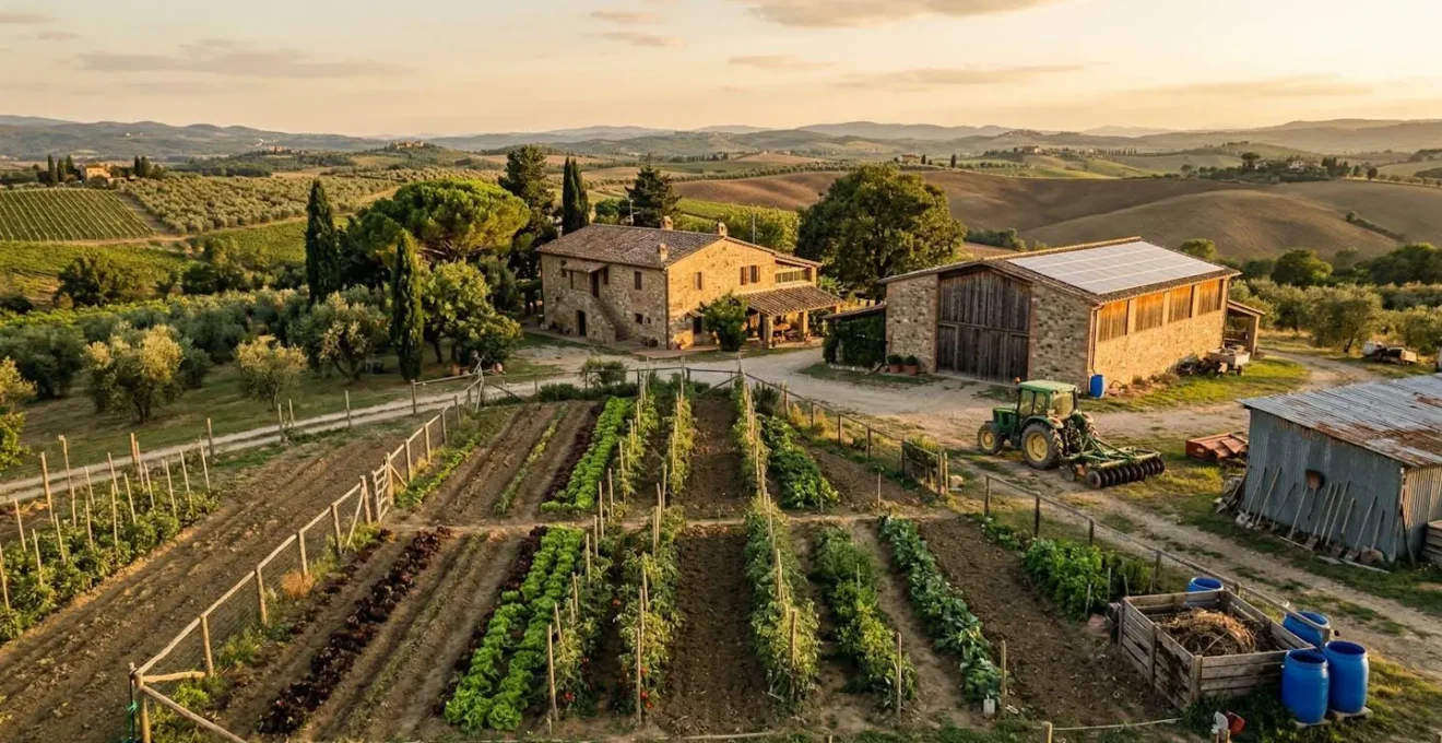 Vista panoramica di un vero agriturismo con campi coltivati e strutture agricole