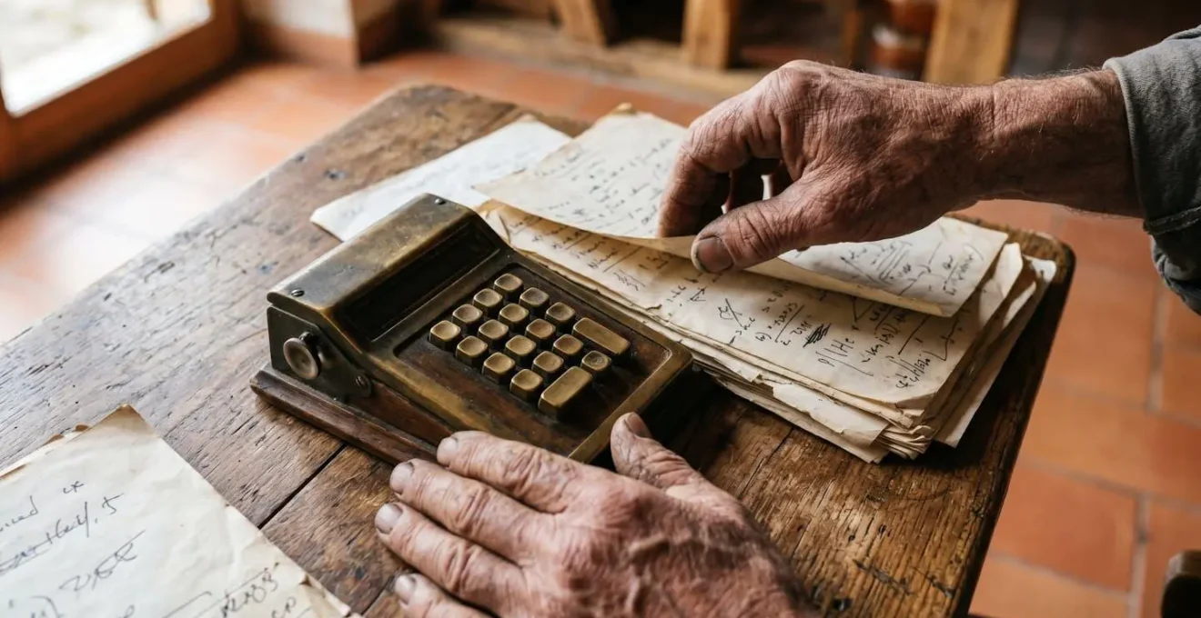 Mani che organizzano documenti fiscali su tavolo rustico in agriturismo